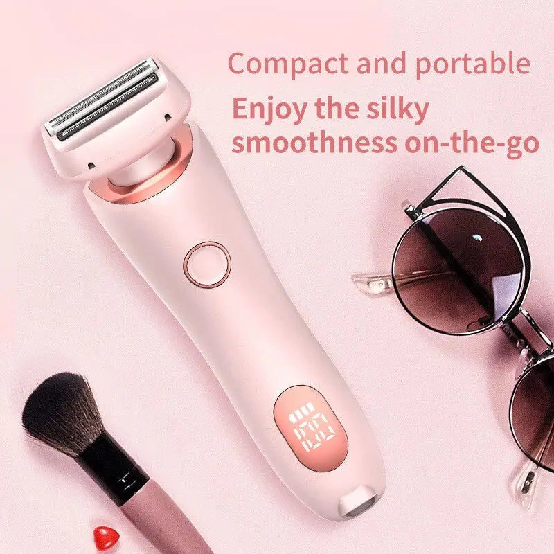 Compact electronic device with a mirror, brush, and lipstick on a pink background