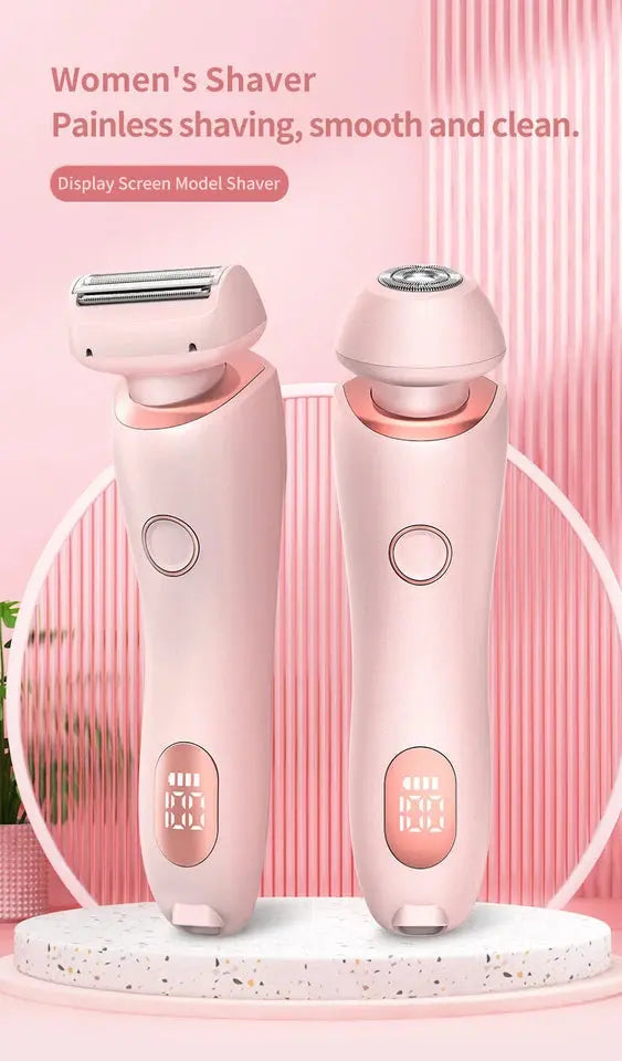 Two women's shavers on a pink background with text about painless shaving.