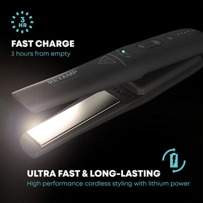 Revamp Progloss Liberate Cordless Ceramic Hair Straightener – 30 Min Use, 3 Heat Settings, Travel Lock | Black