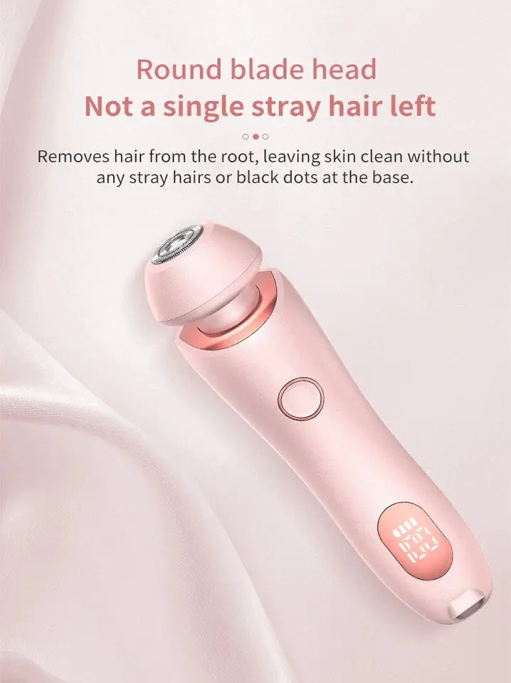 Pink hair removal device with text on a light pink background