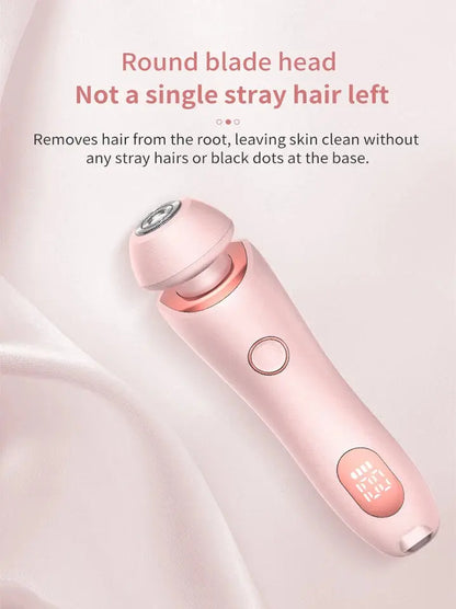 Pink hair removal device with text on a light pink background
