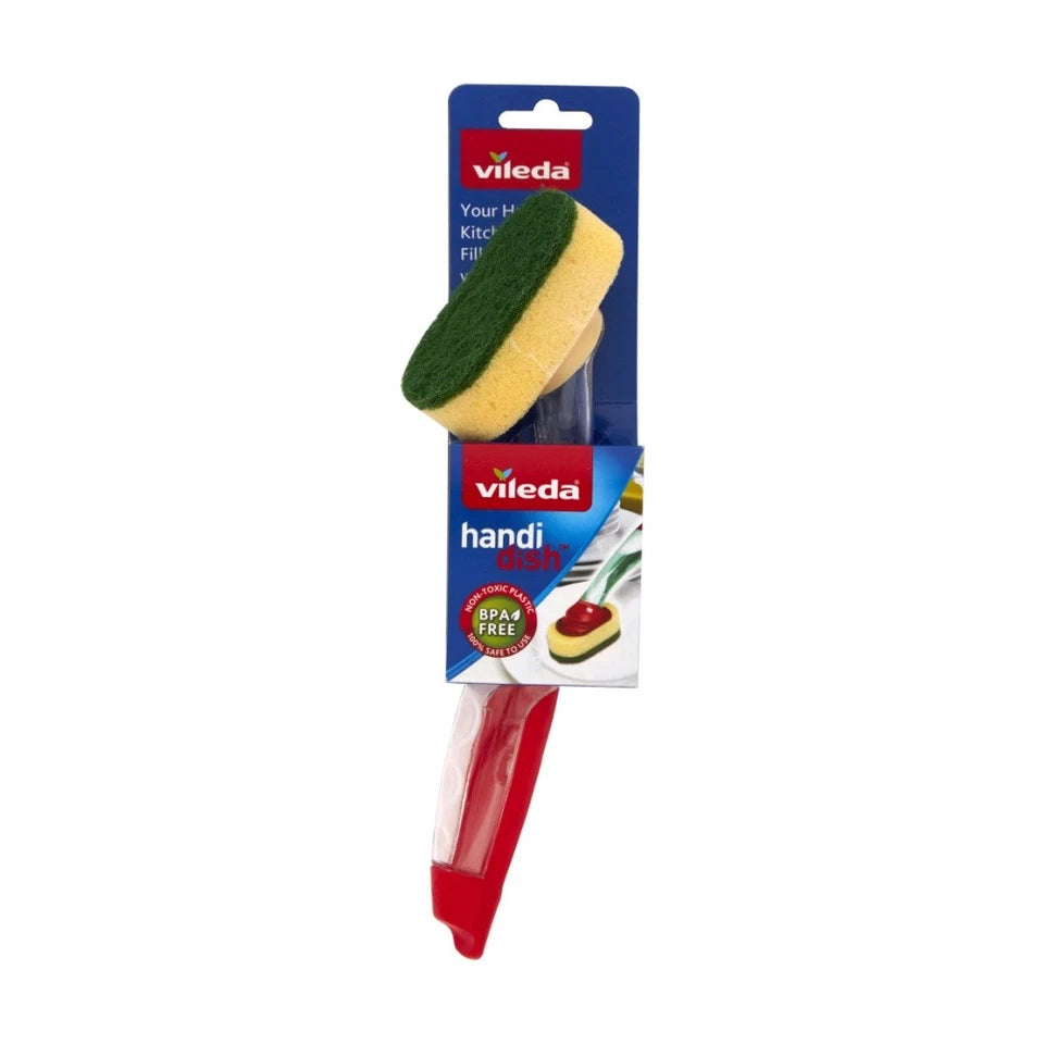 Vileda handi scrub with green and yellow sponge on a white background