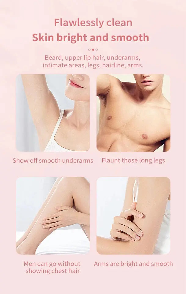 Advertisement for skin care product showing smooth skin on various parts of the body with text highlighting benefits.