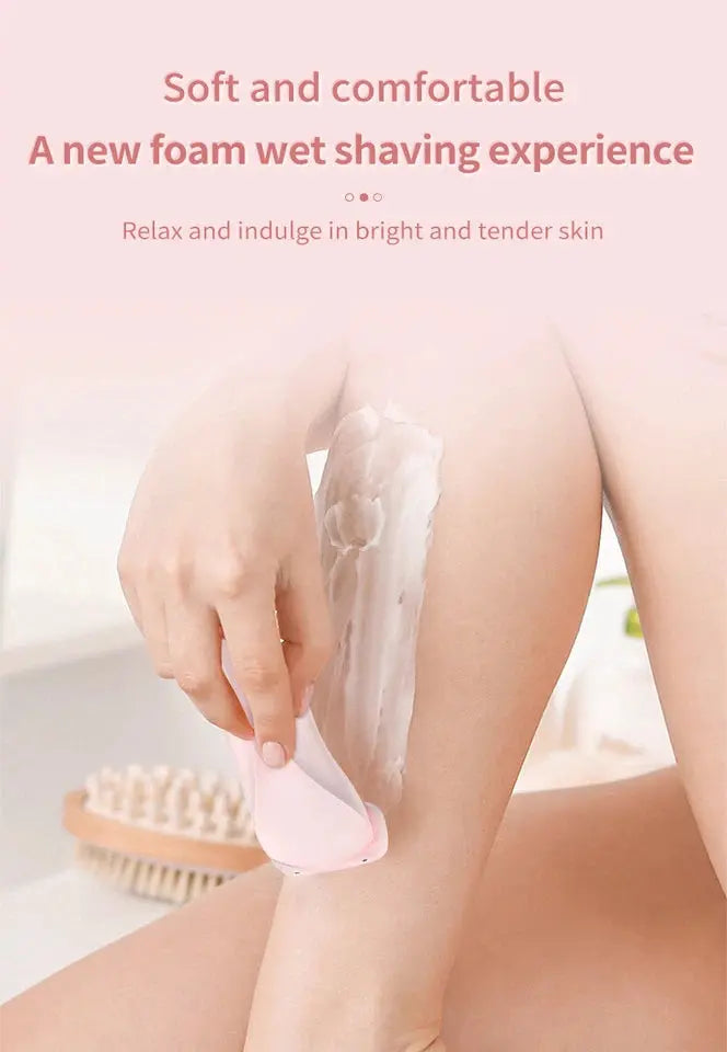 Person using a foam wet shaving product on their leg with text about a new foam wet shaving experience.
