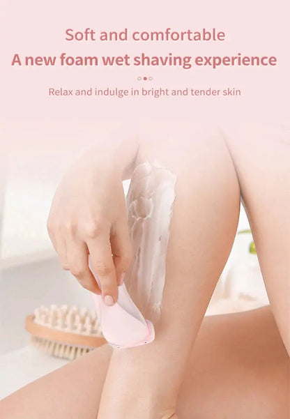 Person using a foam wet shaving product on their leg with text about a new foam wet shaving experience.