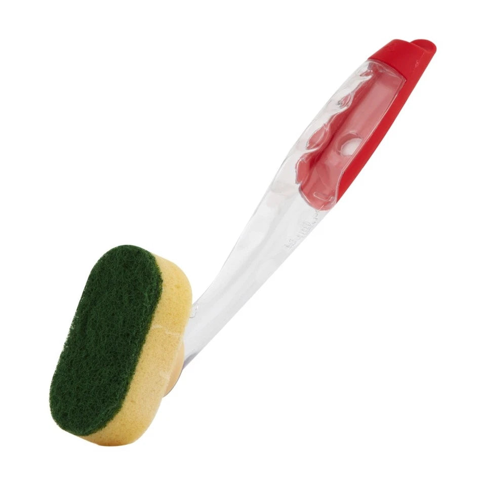 Cleaning brush with green and yellow sponge head and red top on a white background