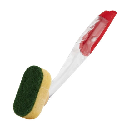 Cleaning brush with green and yellow sponge head and red top on a white background