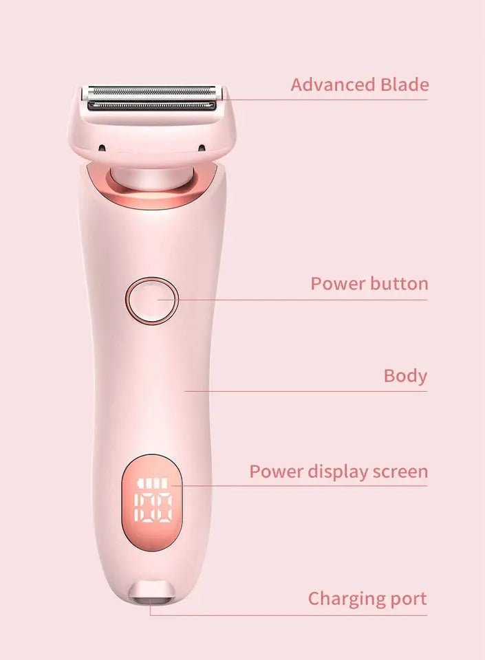 Womens epilator with labeled parts on a pink background