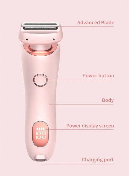 Womens epilator with labeled parts on a pink background