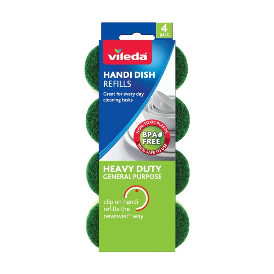 Vileda Handi Dish Refills packaging with green scrubs on a white background