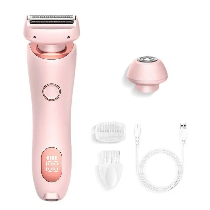 Pink electronic shaver with attachments on a white background