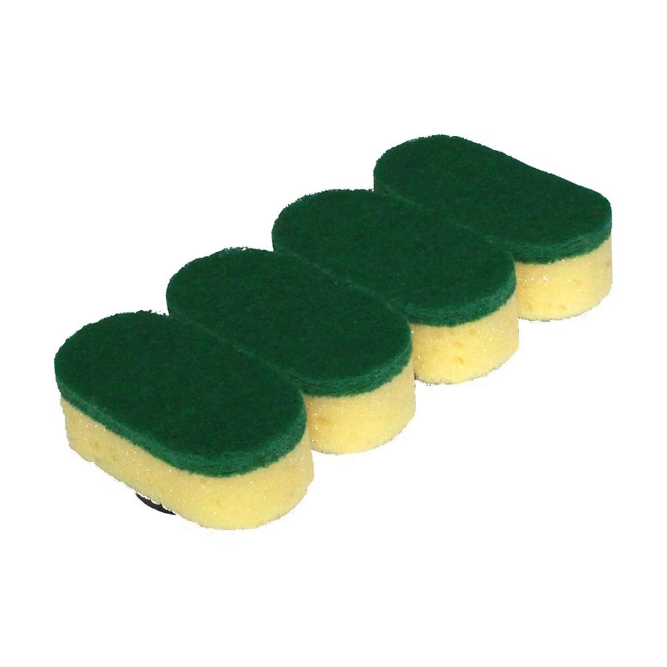 Four green and yellow scrubber pads on a white background