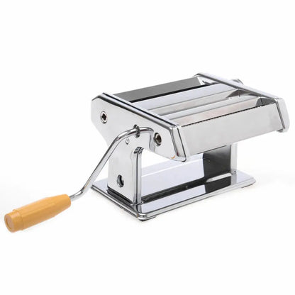 Metal pasta maker with a yellow handle on a white background