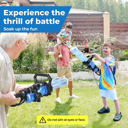 Electric Gatling Water Gun Blaster | Dual Barrel, LED Lights & Backpack Tank | Kids & Adults