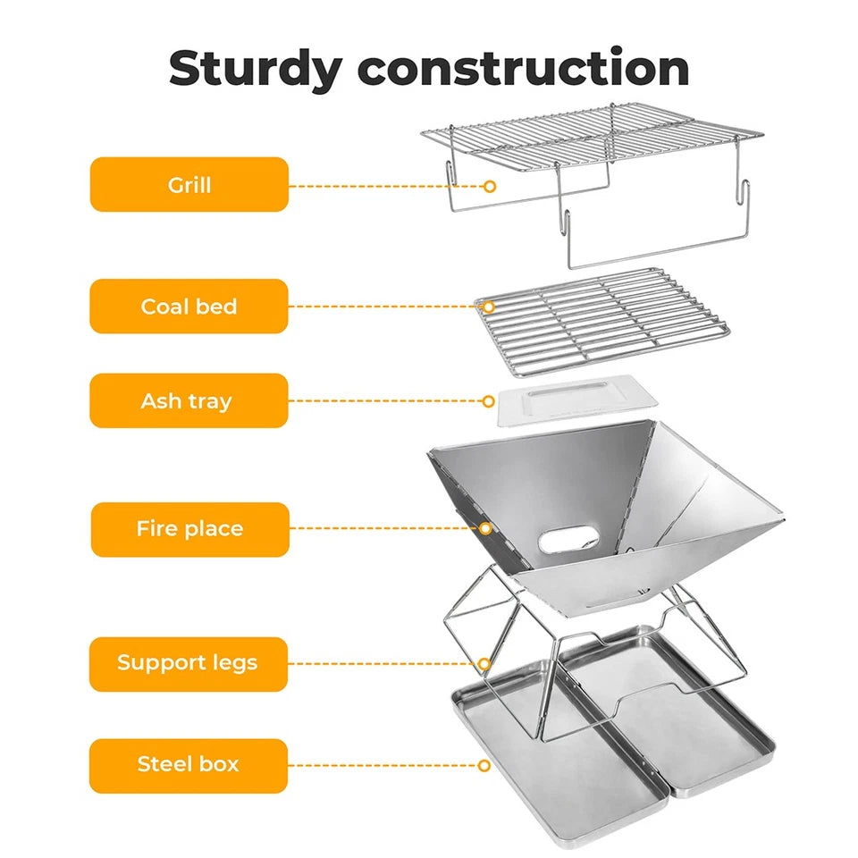 Moyasu Portable Folding Charcoal BBQ Grill & Fire Pit – Stainless Steel, Camping & Outdoor GPG Av8Store