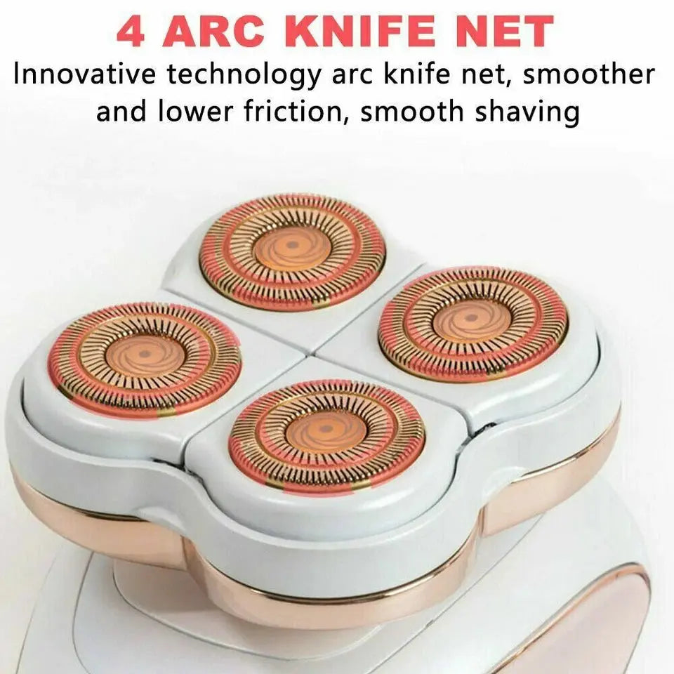 Electric shaver with four circular heads on a white background, featuring text about its technology.