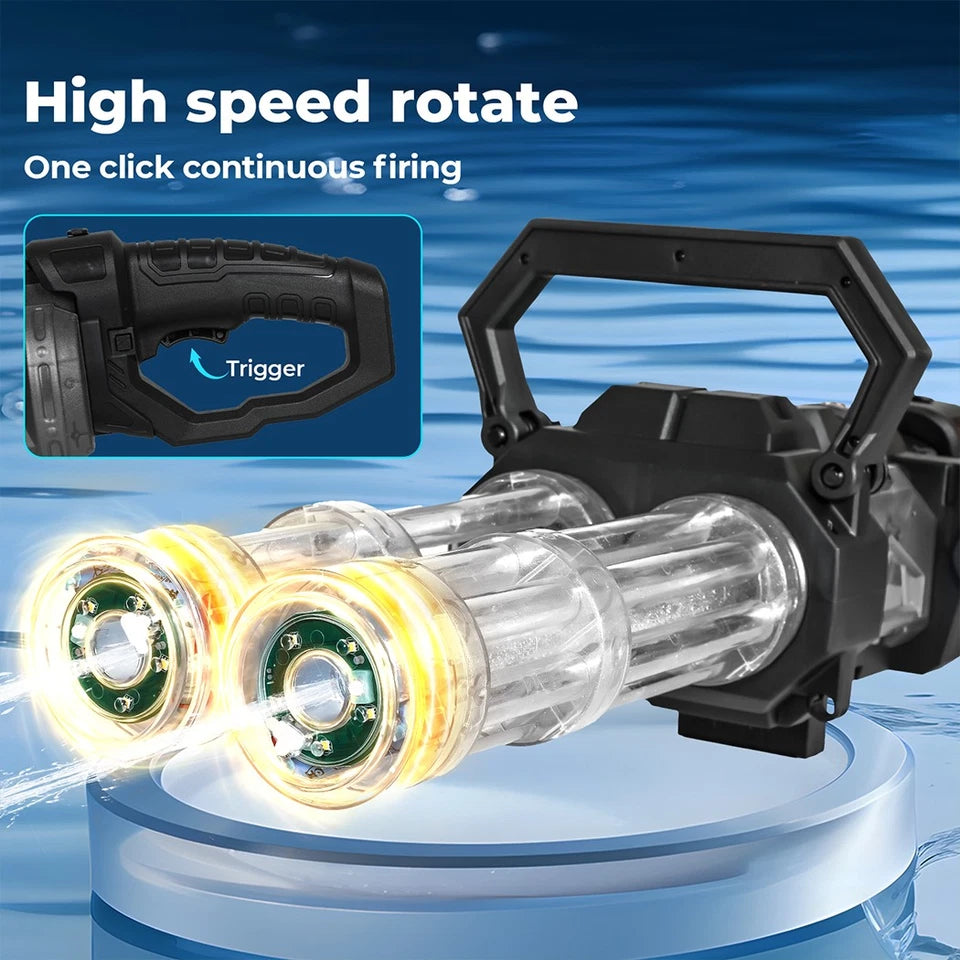 Electric Gatling Water Gun Blaster | Dual Barrel, LED Lights & Backpack Tank | Kids & Adults
