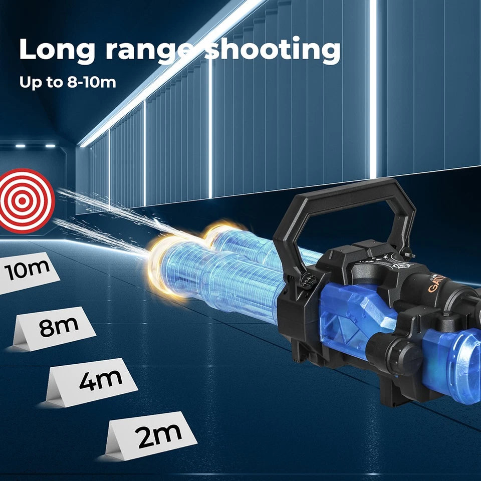 Electric Gatling Water Gun Blaster | Dual Barrel, LED Lights & Backpack Tank | Kids & Adults