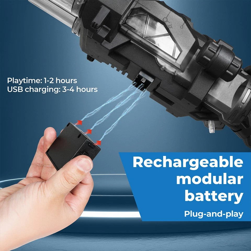 Electric Gatling Water Gun Blaster | Dual Barrel, LED Lights & Backpack Tank | Kids & Adults