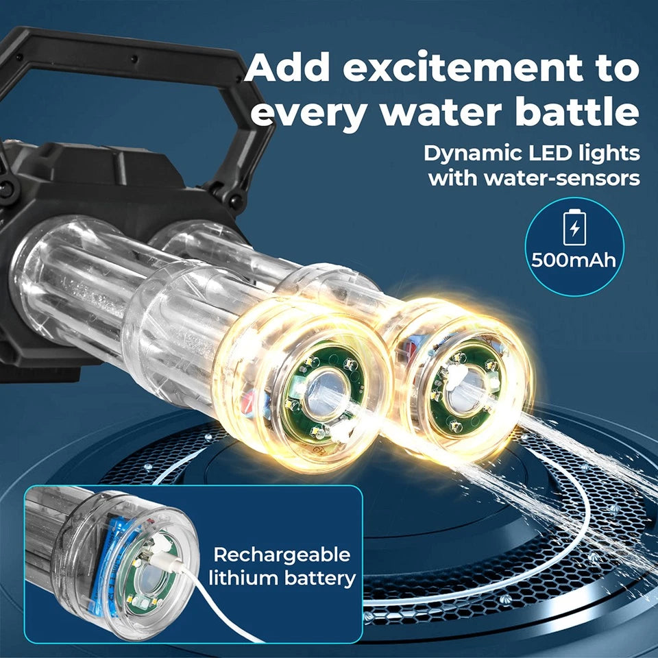 Electric Gatling Water Gun Blaster | Dual Barrel, LED Lights & Backpack Tank | Kids & Adults