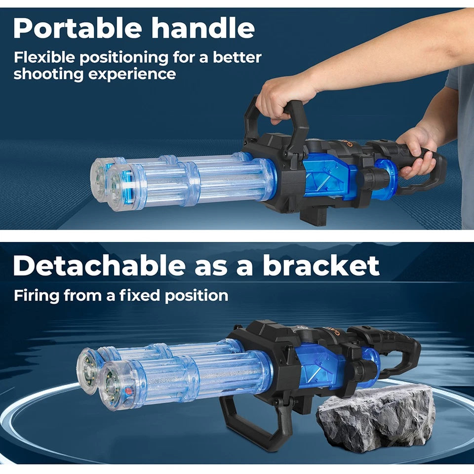 Electric Gatling Water Gun Blaster | Dual Barrel, LED Lights & Backpack Tank | Kids & Adults