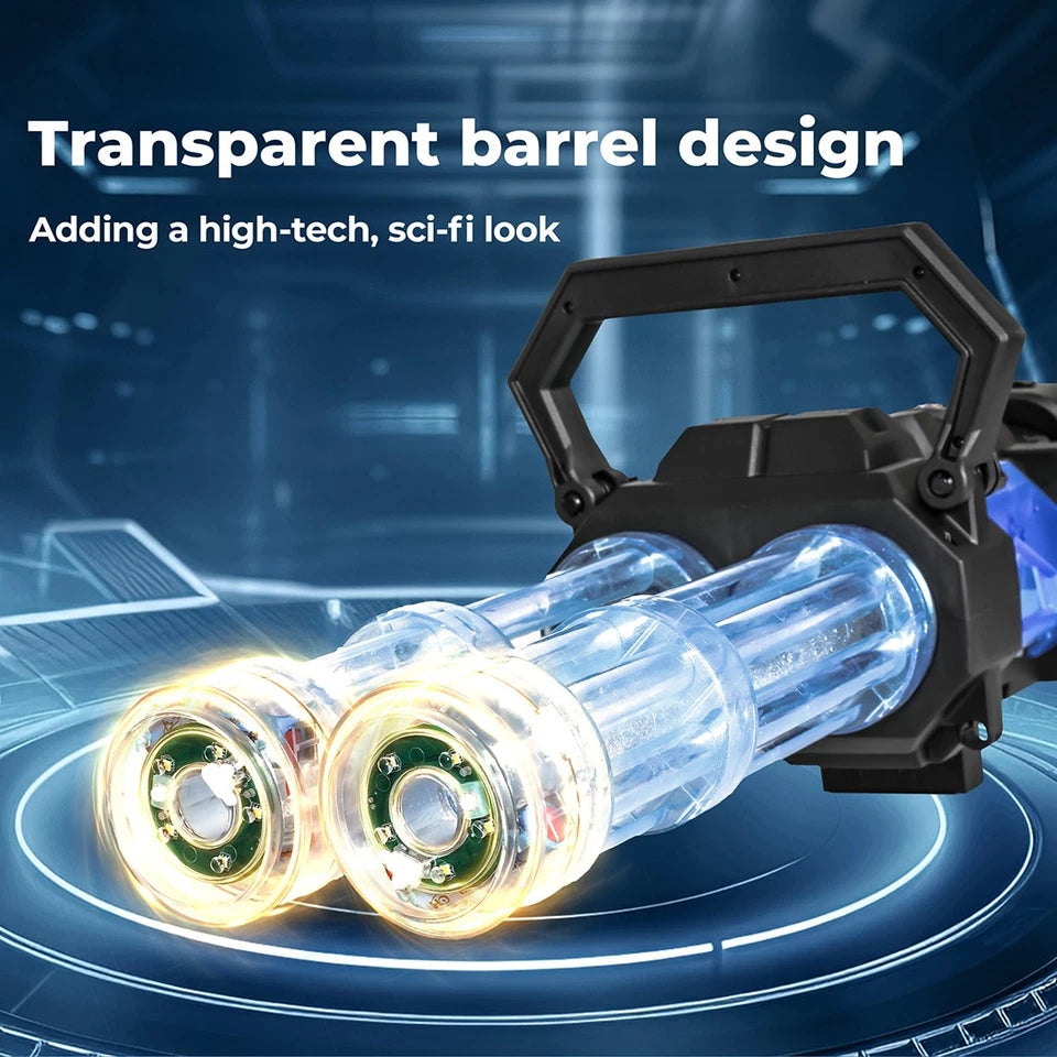 Electric Gatling Water Gun Blaster | Dual Barrel, LED Lights & Backpack Tank | Kids & Adults