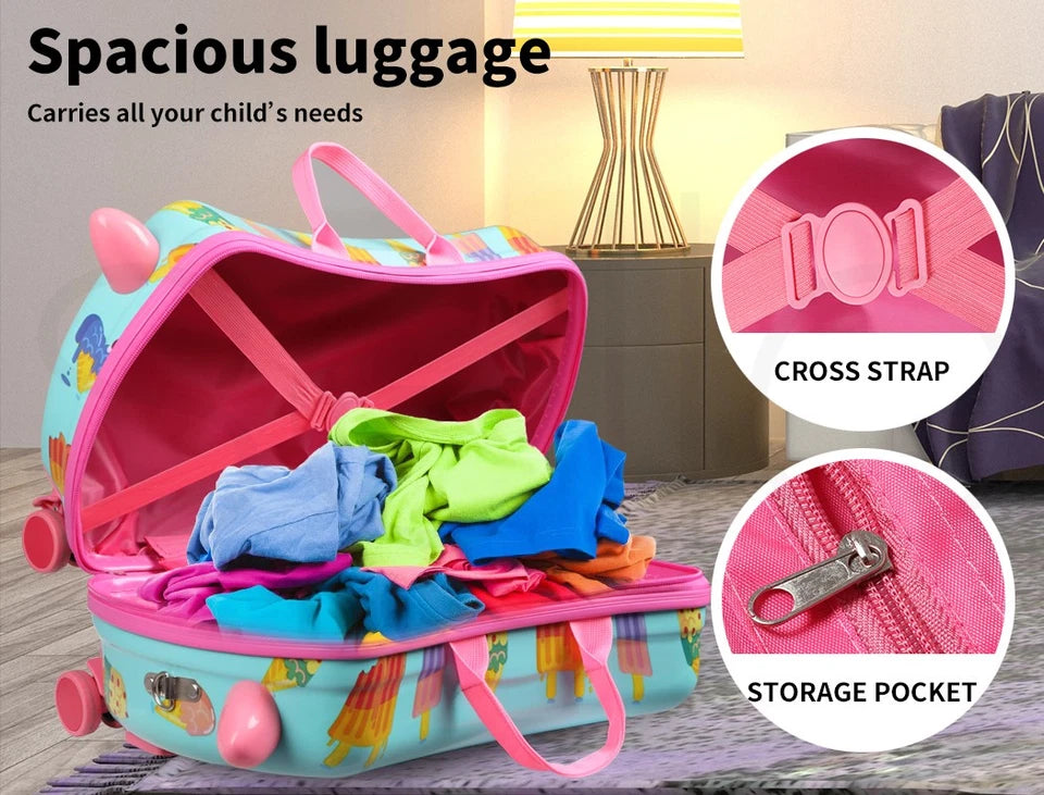 BoPeep Kids Ride On Suitcase | Children's Travel Luggage & Carry-On Trolley Bag | Ice Cream Design