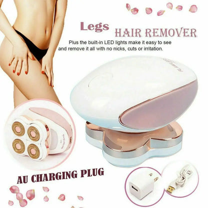 Hair remover device with charging plug and LED lights on a white background