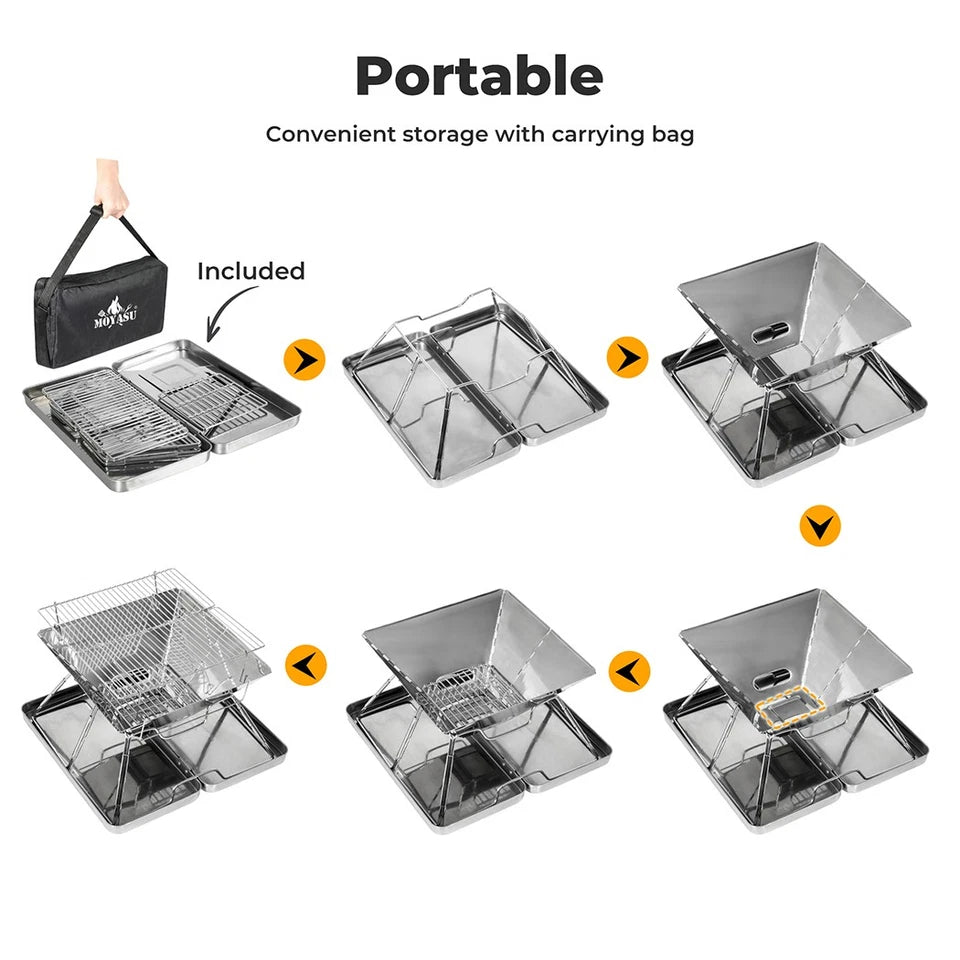 Moyasu Portable Folding Charcoal BBQ Grill & Fire Pit – Stainless Steel, Camping & Outdoor GPG Av8Store