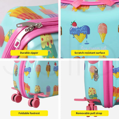 BoPeep Kids Ride On Suitcase | Children's Travel Luggage & Carry-On Trolley Bag | Ice Cream Design