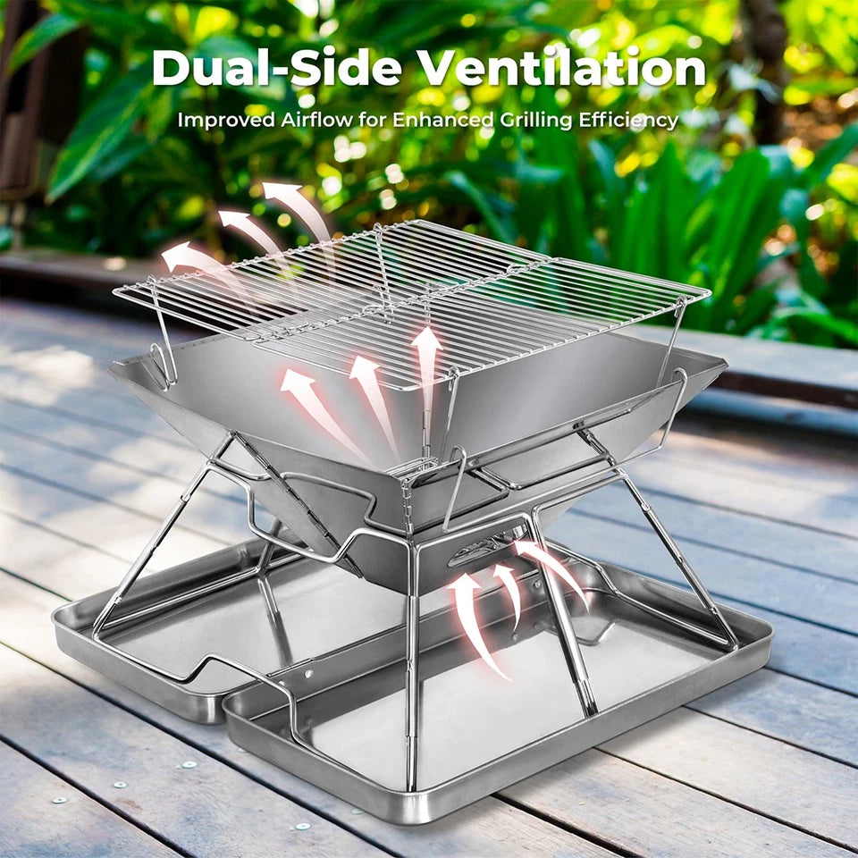 Moyasu Portable Folding Charcoal BBQ Grill & Fire Pit – Stainless Steel, Camping & Outdoor GPG Av8Store