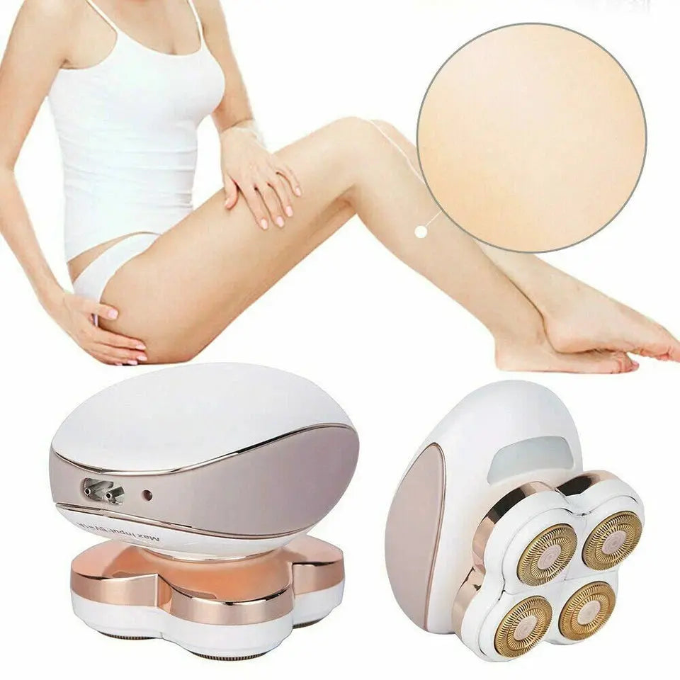 Electrolysis device with close-up of skin texture and person using it.