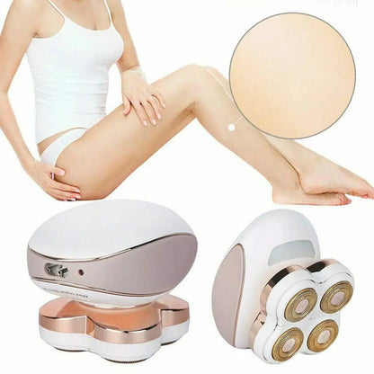 Electrolysis device with close-up of skin texture and person using it.