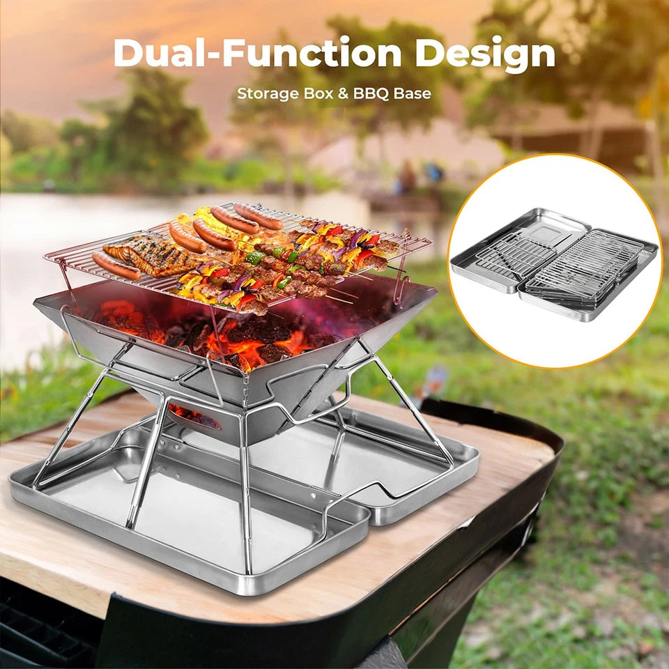 Moyasu Portable Folding Charcoal BBQ Grill & Fire Pit – Stainless Steel, Camping & Outdoor GPG Av8Store