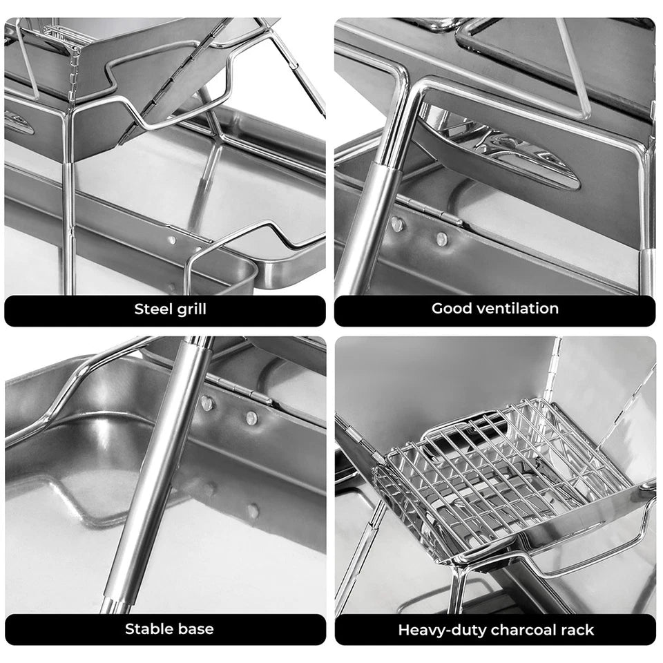 Moyasu Portable Folding Charcoal BBQ Grill & Fire Pit – Stainless Steel, Camping & Outdoor GPG Av8Store