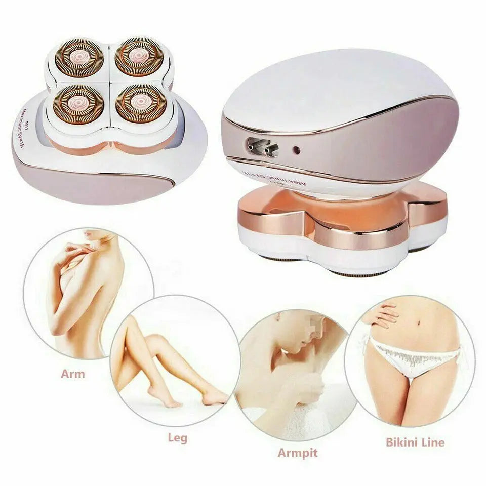 Electrolysis device with attachments for arm, leg, armpit, and bikini line on a white background.