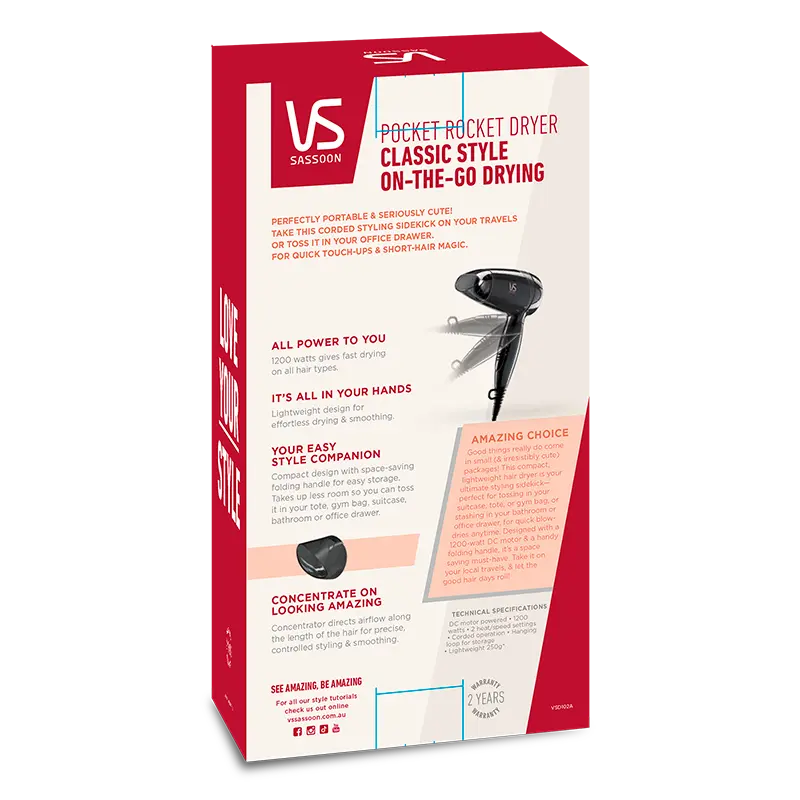 VS Sassoon pocket rocket dryer packaging on a white background