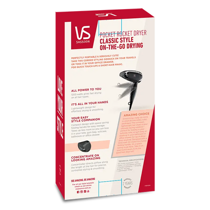 VS Sassoon pocket rocket dryer packaging on a white background