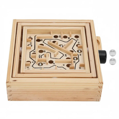Wooden mechanical puzzle with a clear top cover on a white background