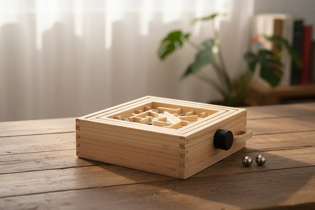 Wooden puzzle box on a wooden table with a blurred background