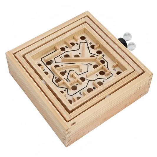 Wooden maze puzzle with two balls on a white background